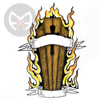 Coffin with Banner and Flames