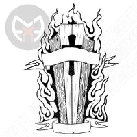 Coffin with Banner and Flames