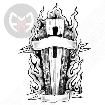 Coffin with Banner and Flames