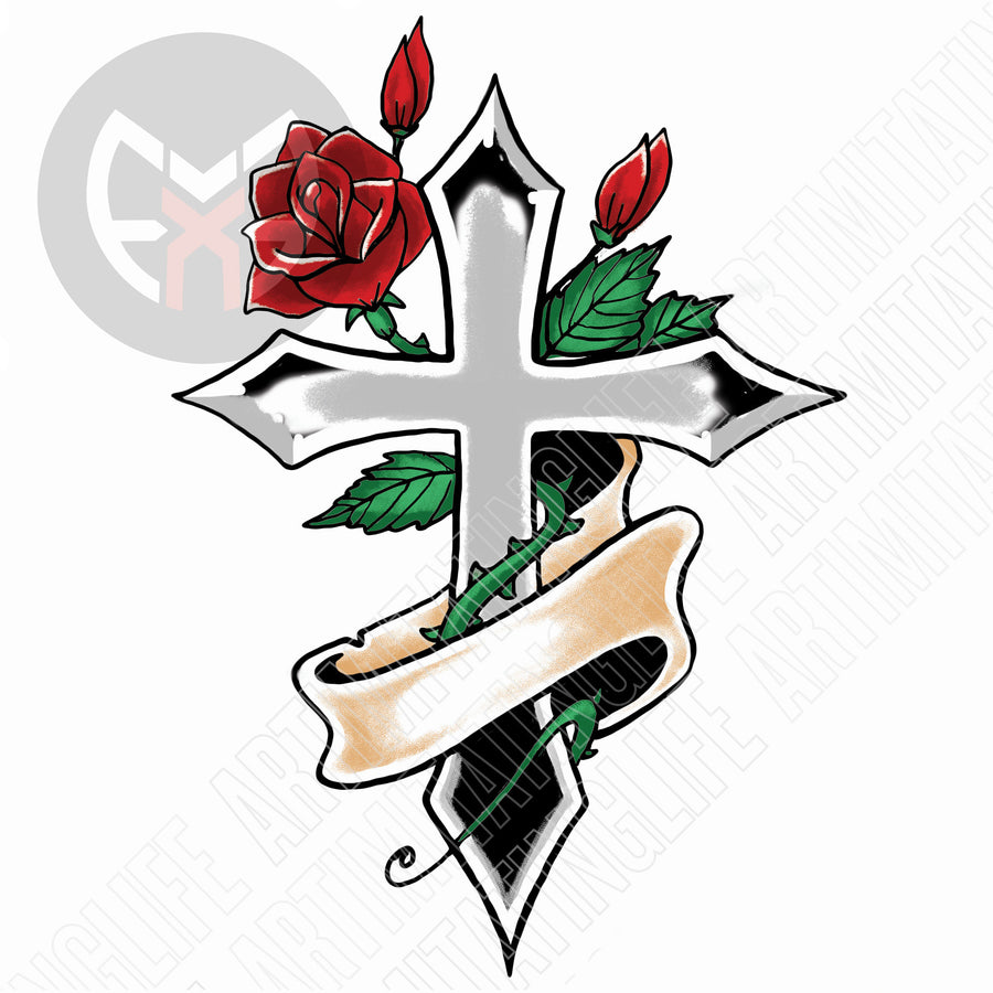 Cross Ribbon And Roses Cross Designs With Banner And Roses