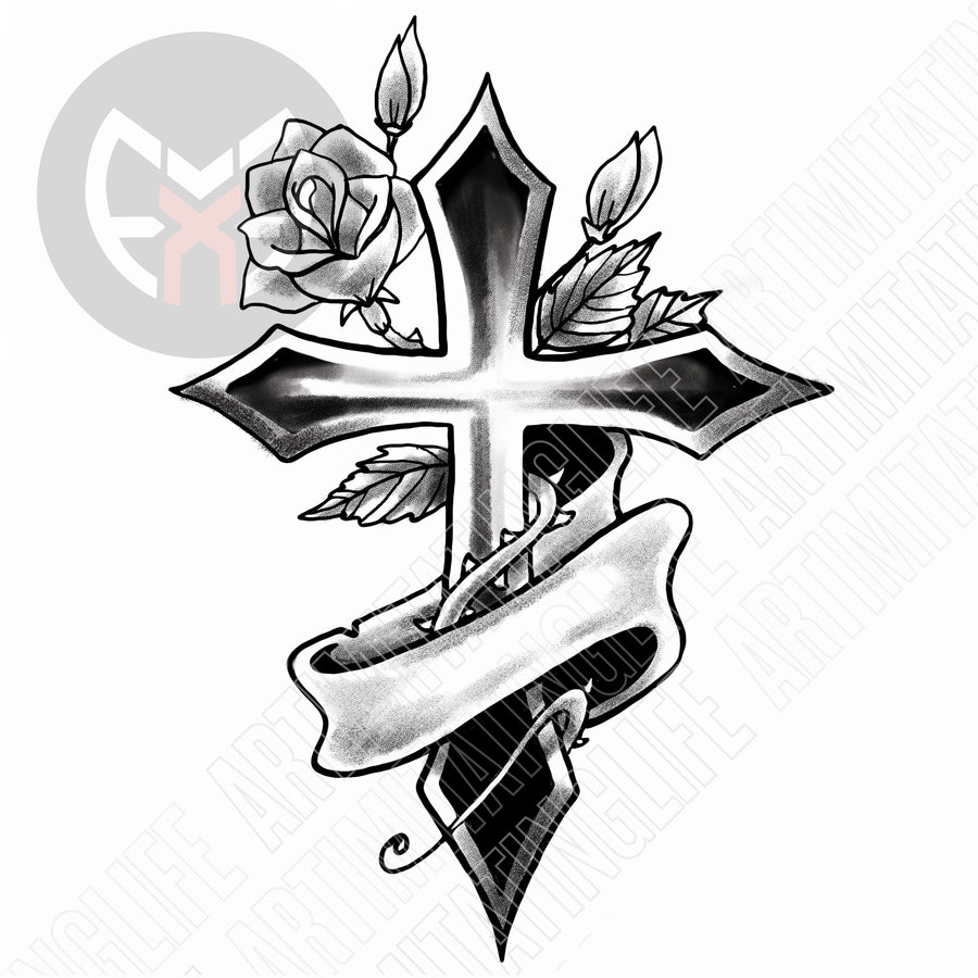 Cross with Rose and Banner